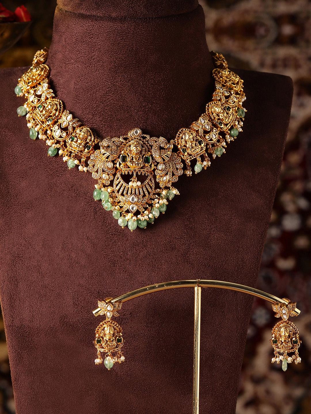 Ishin Floral Pattern Gold Plated Elegance Goddesss Lakshmi Jewellery Set