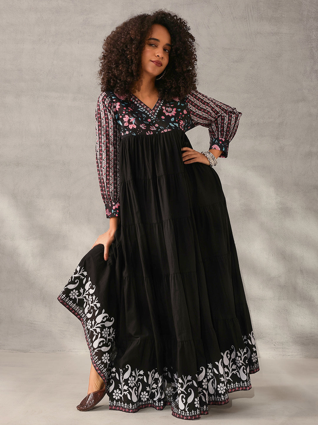 Graceful Black Cotton Floral Printed Tiered fit Gown 