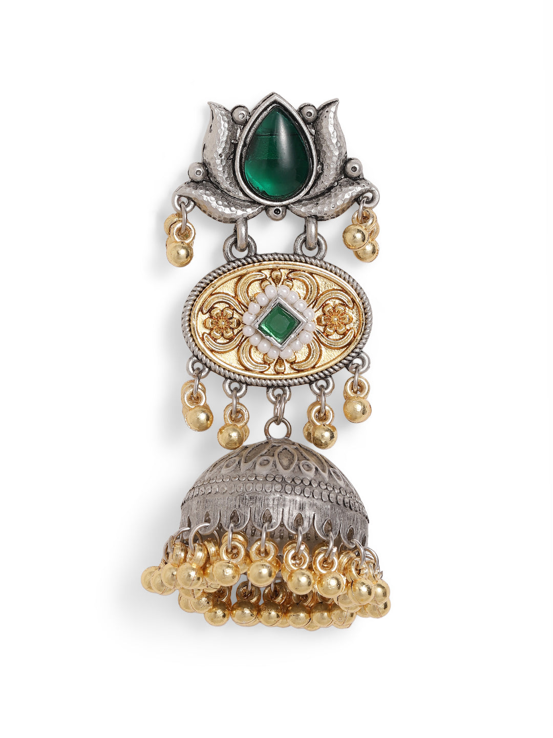 Ishin Green Colour Silver Plated Emerald Jhumka Earring