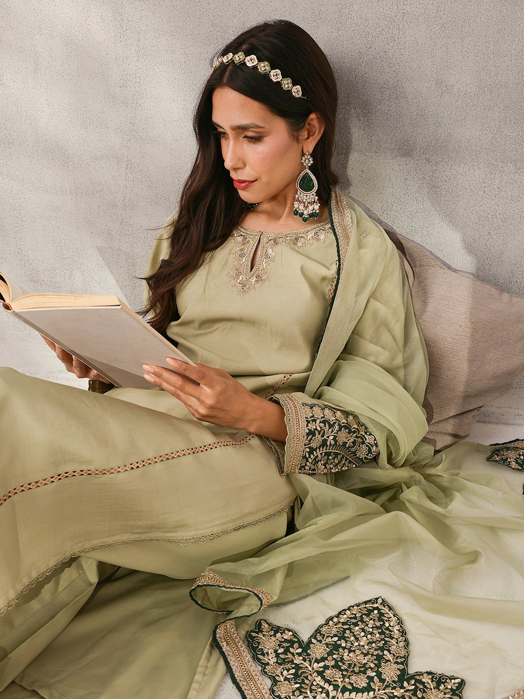 Rich Mint Green Roman Silk Zari Embroidered Straight Fit Kurta Set with Dupatta