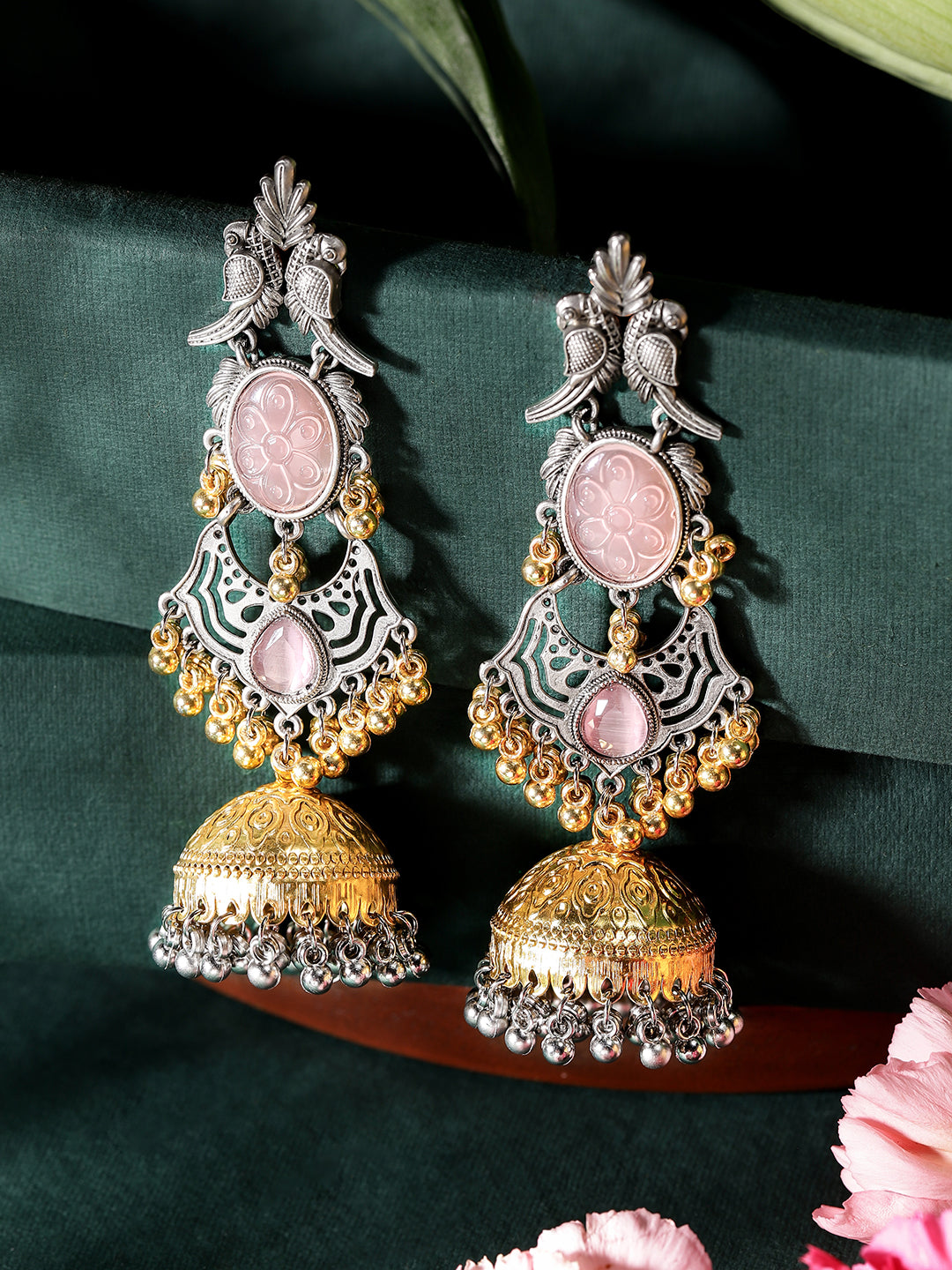 Ishin Pink Colour Silver Plated Jhumka Earring