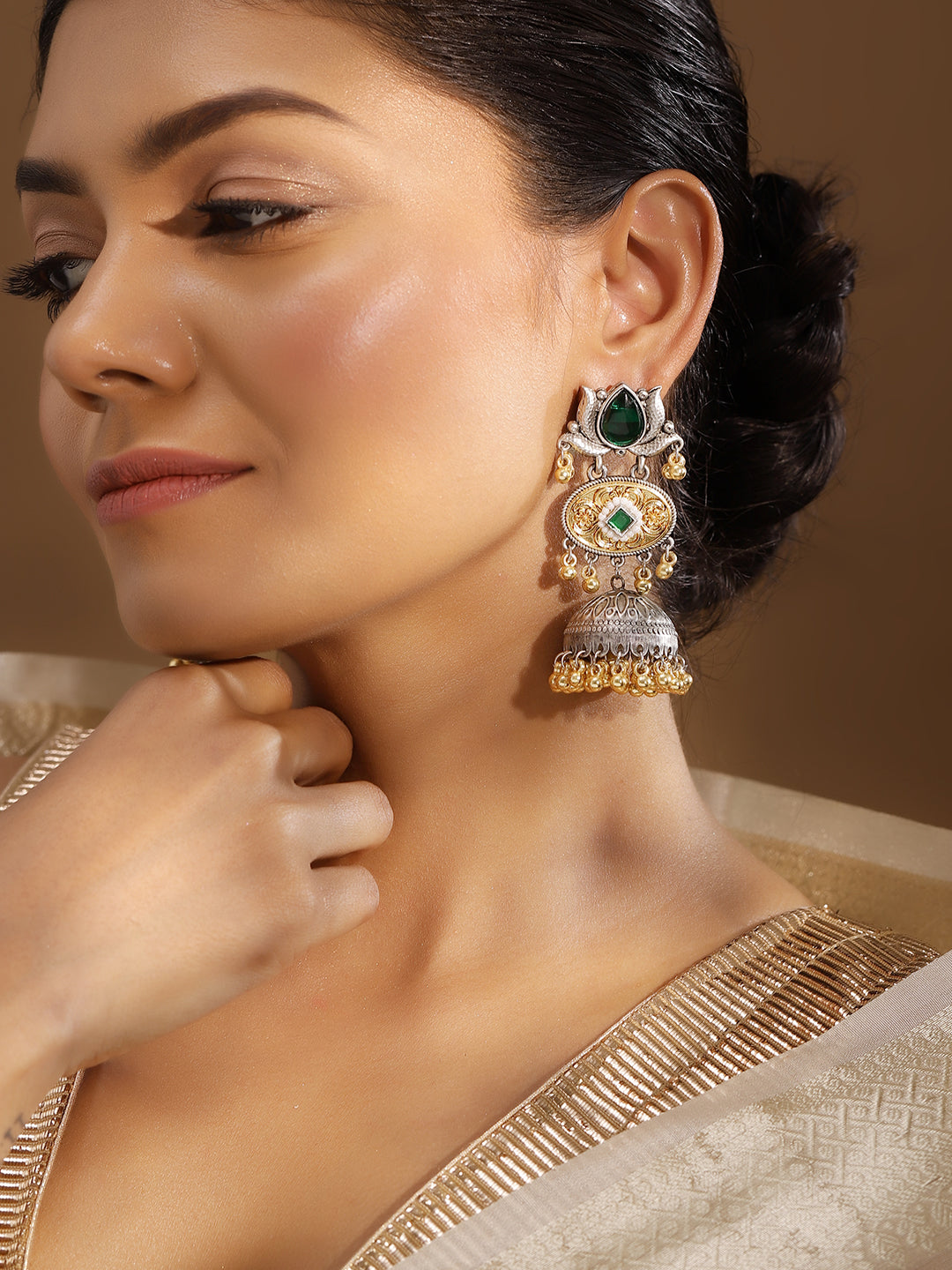 Ishin Green Colour Silver Plated Emerald Jhumka Earring