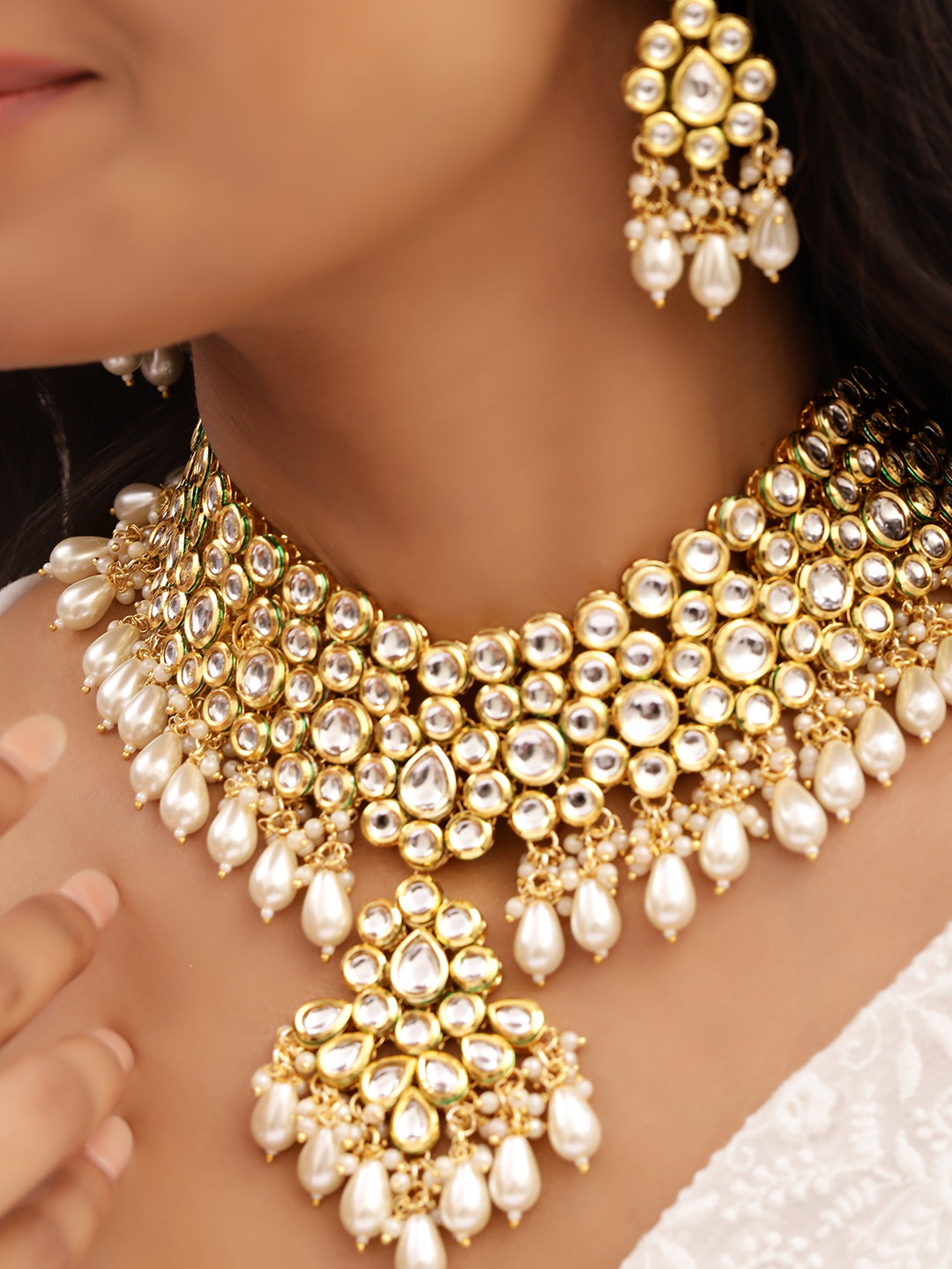 Ishin White Colour Gold plated Kundan Jewellery set