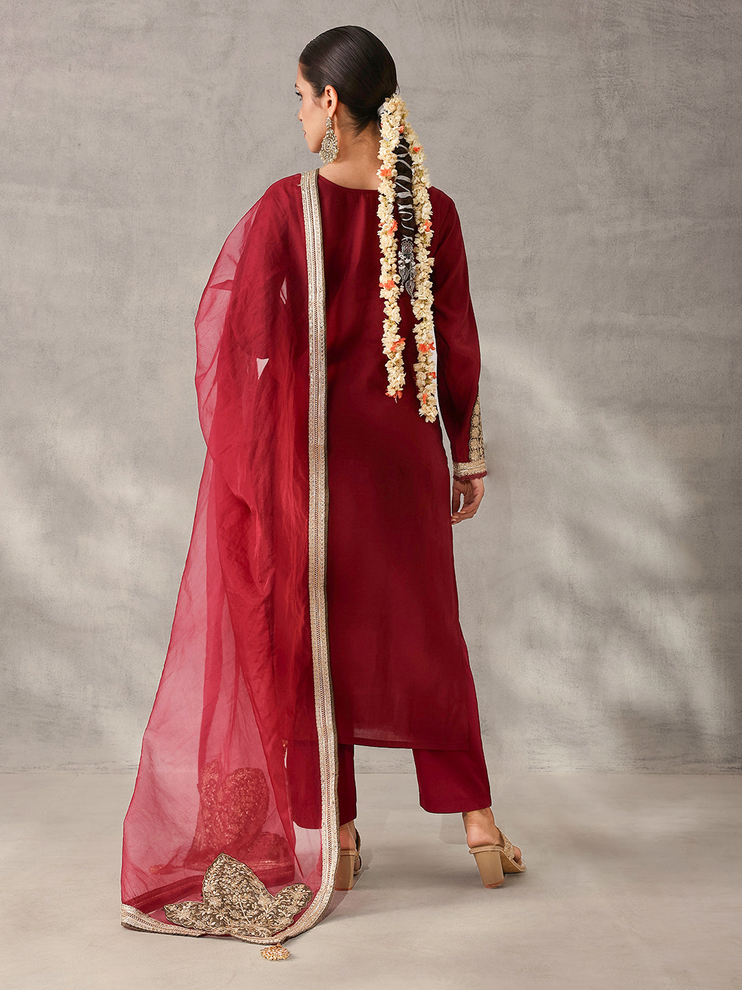 Rich Maroon Roman Silk Zari Embroidered Straight Fit Kurta Set with Dupatta