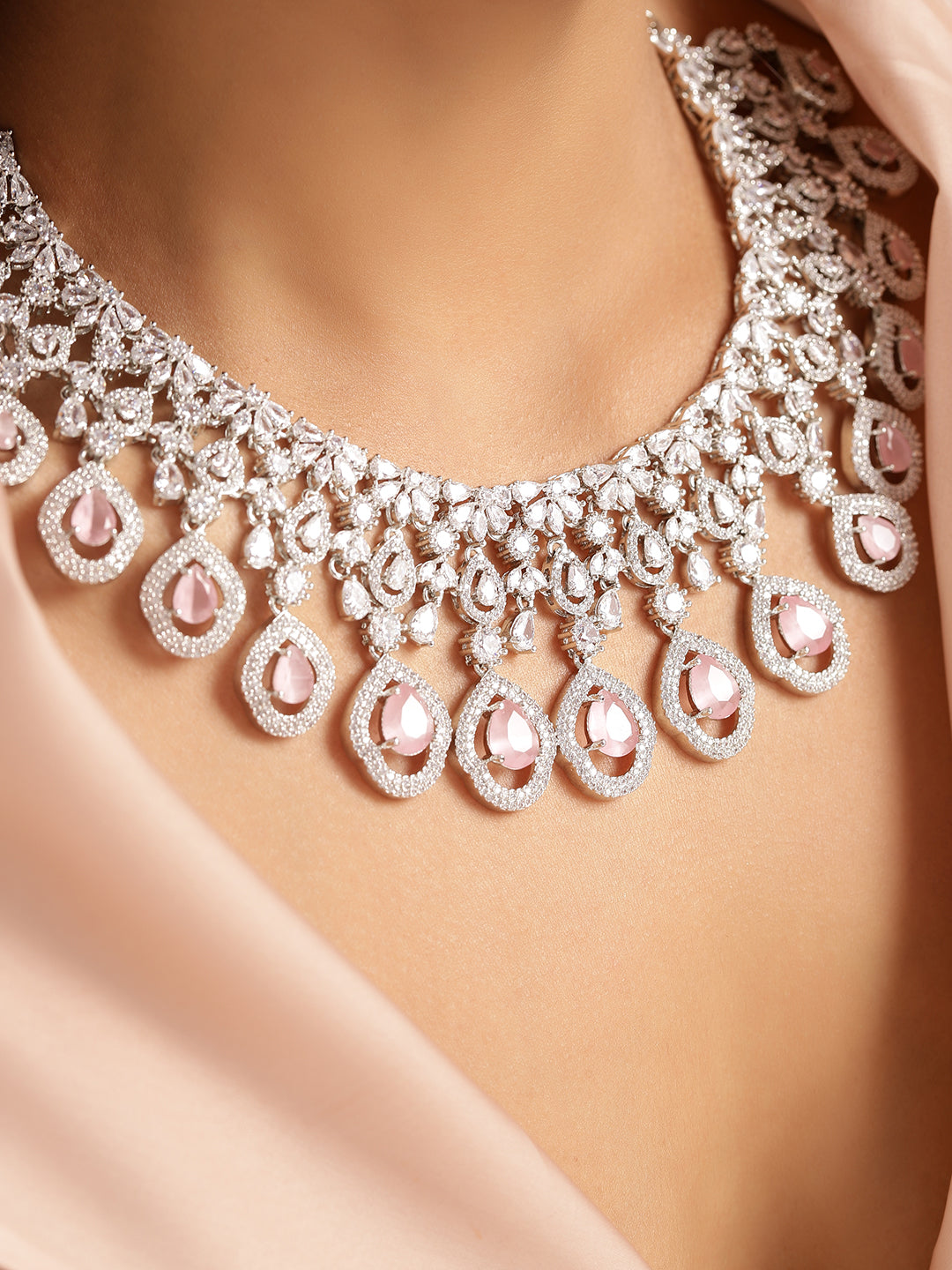 Ishin Pink Colour Silver Plated American Diamond Jewellery Set