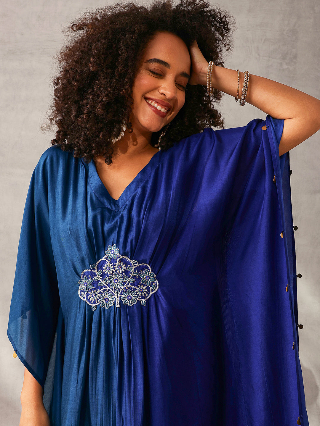 Rich Blue Silk Blend Ombre with Embroidered Kaftan