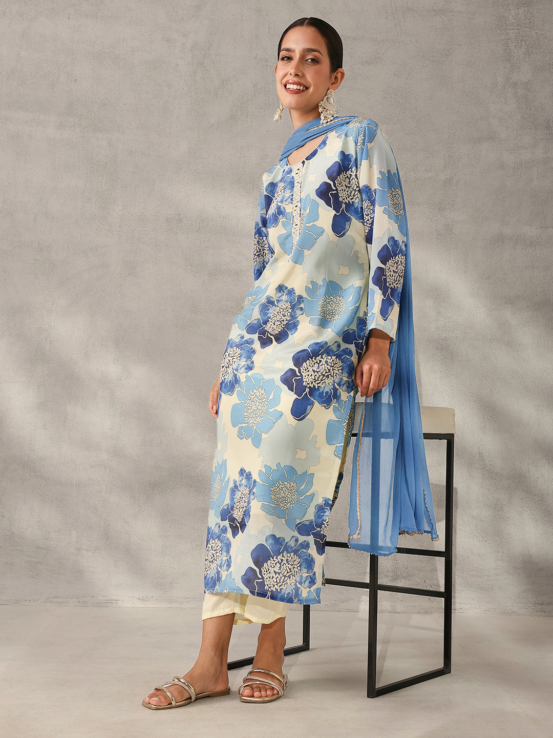 Soft off white Chinon Floral Printed straight fit Kurta Set with Dupatta