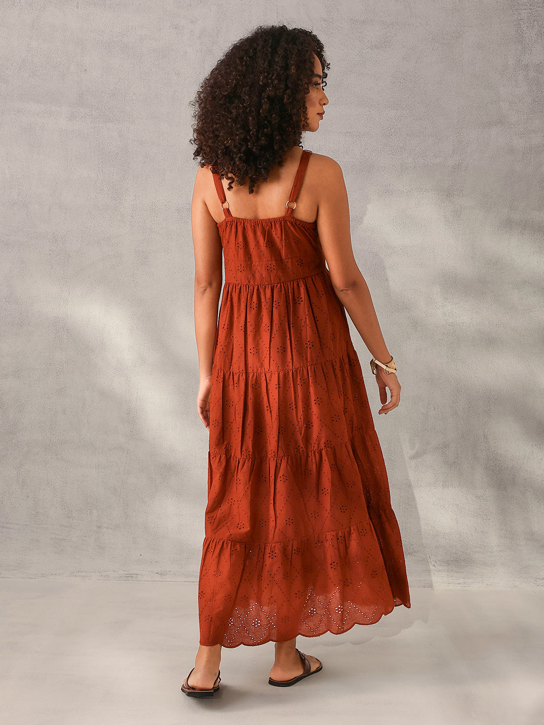 Comfy Rust Cotton Schiffli Tiered fit Dress