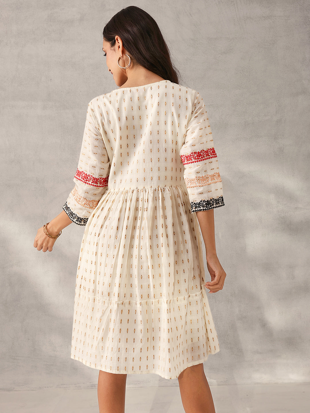 Comfy Cream Cotton Dobby Embroidered Regular Fit Dress