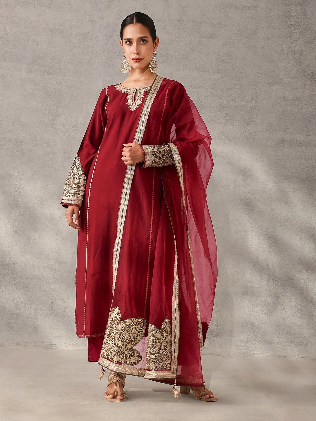 Rich Maroon Roman Silk Zari Embroidered Straight Fit Kurta Set with Dupatta