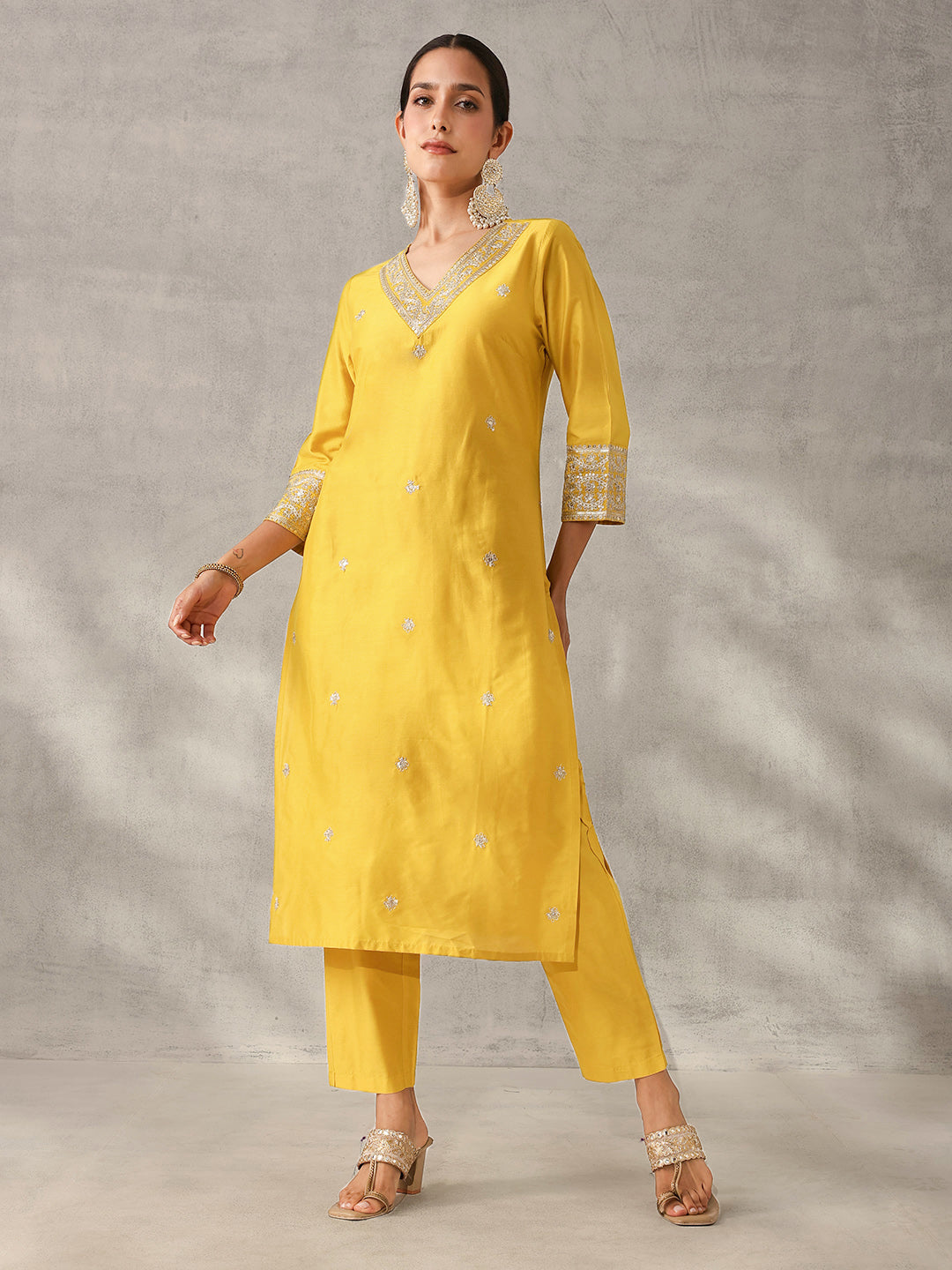 Soft Mustard Polystyrene Zari Embroidered Straight Fit Kurta Set