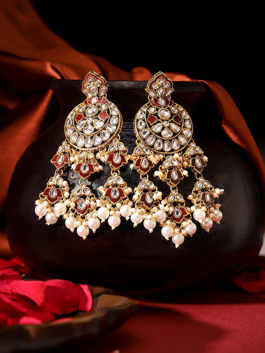 Ishin Maroon Kundan Pattern Floral Elegance Gold Pattern Drop Earrings