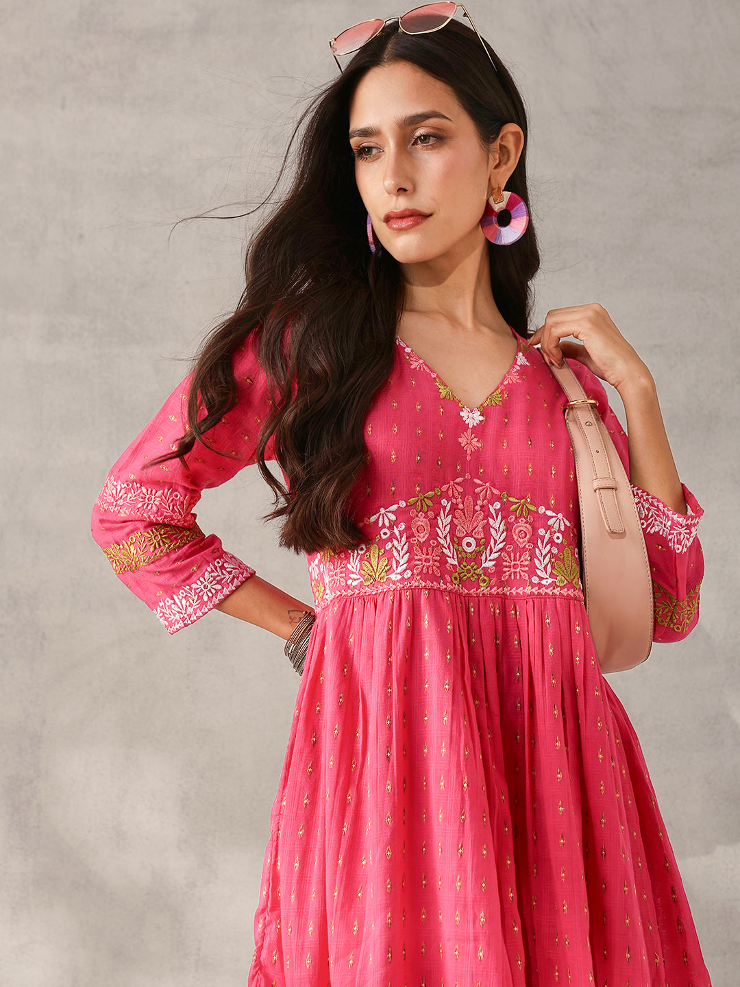 Comfy pink Cotton Dobby Embroidered Regular Fit Dress