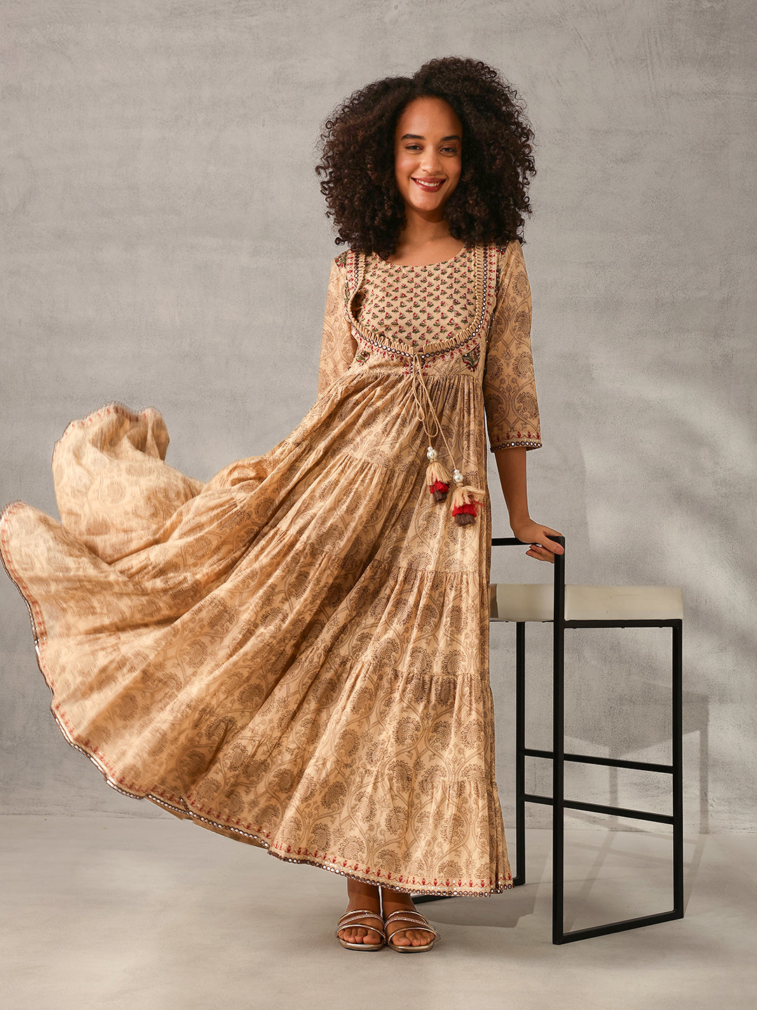 Graceful brown Cotton Printed with Embroidered Fit & Flare Gown 