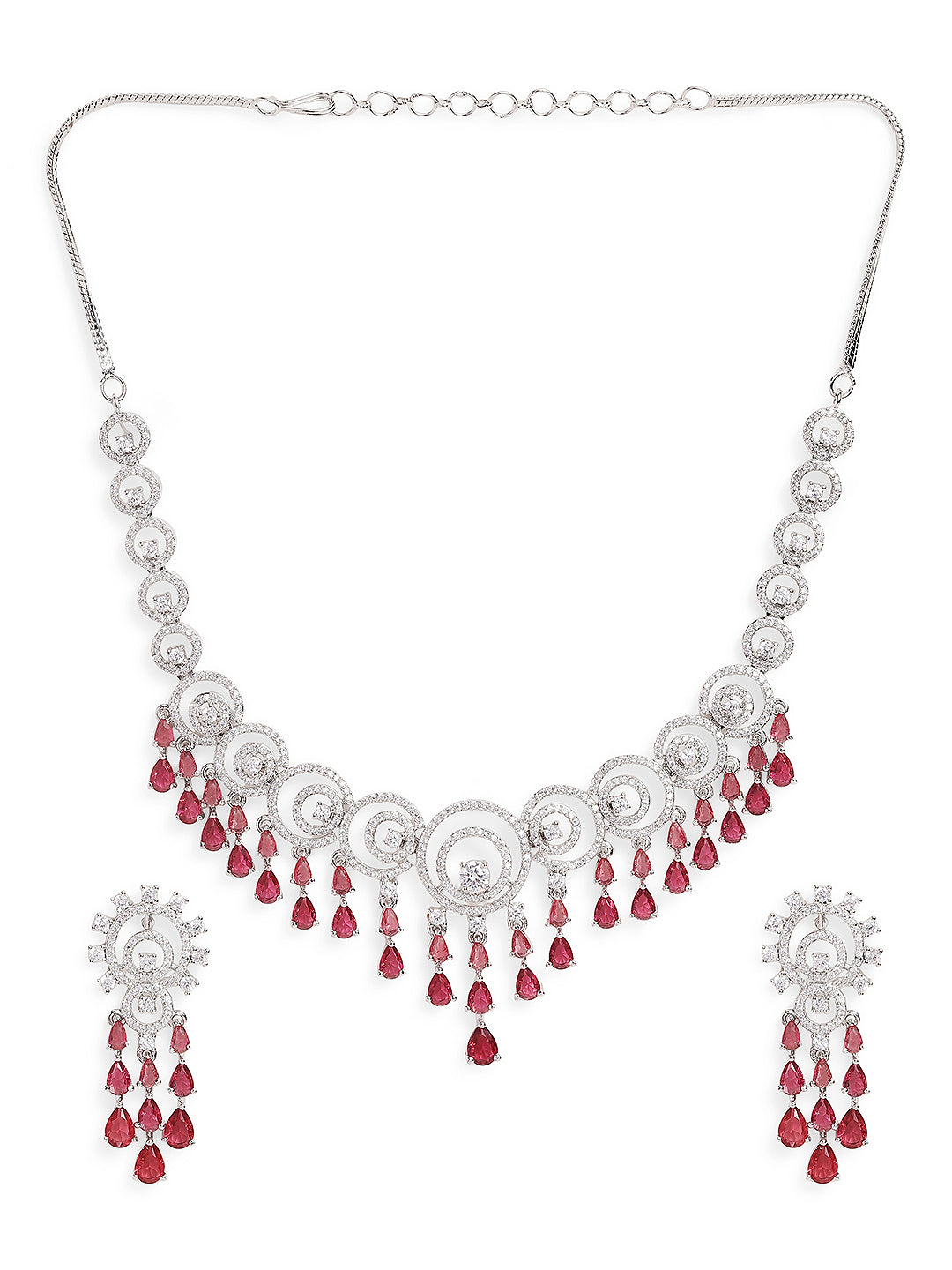 Ishin Pink Colour Silver Plated American Diamond Jewellery Set