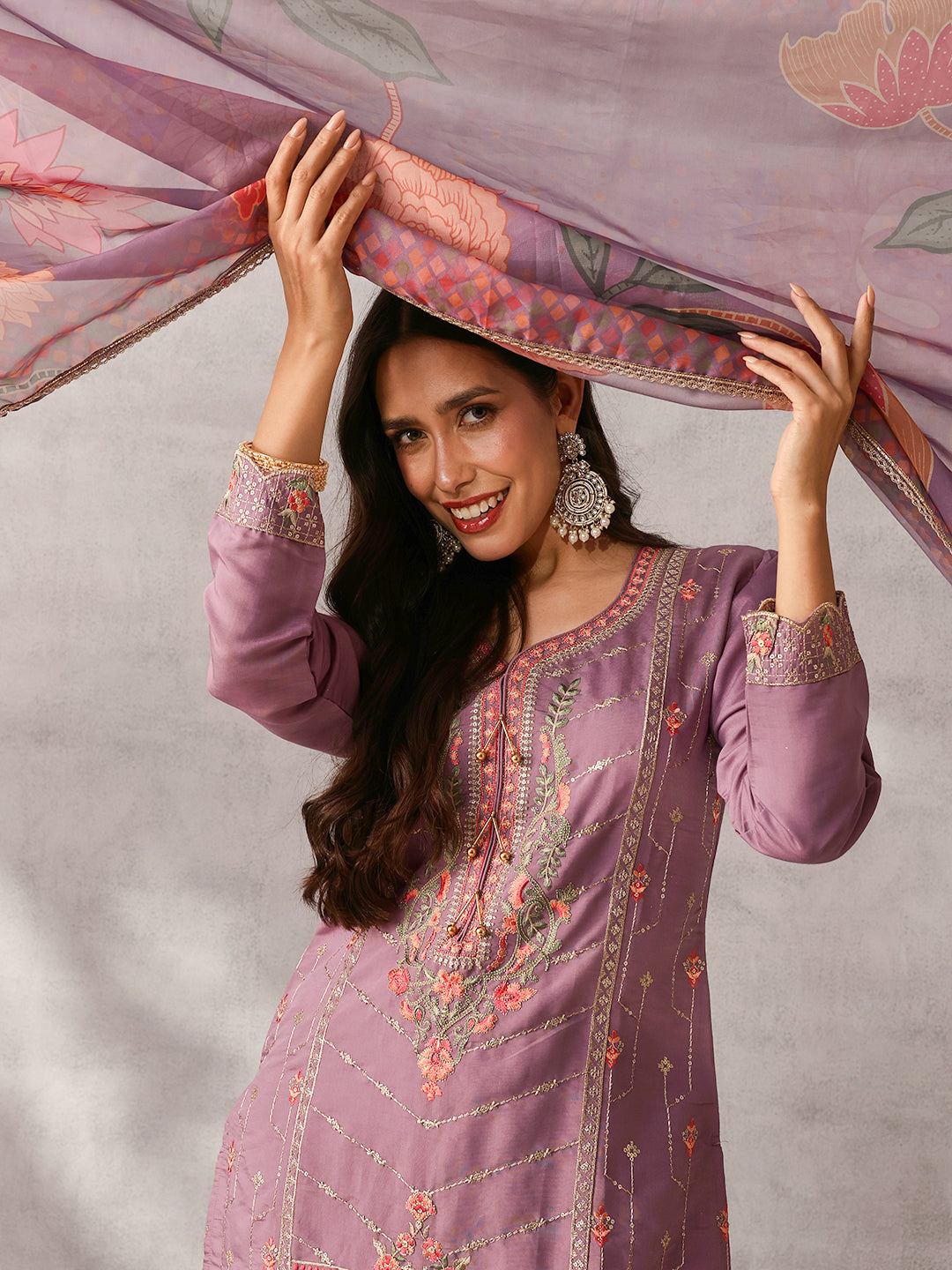 Soft Lilac Roman Silk Embroidered Straight Fit Kurta Set with Dupatta