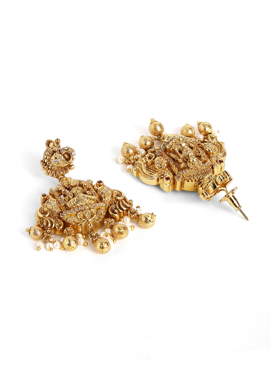 Ishin Green Stoned Goddess Pattern Pearl Beads Gold Plated Necklace and Drop Earrings Jewellery Set