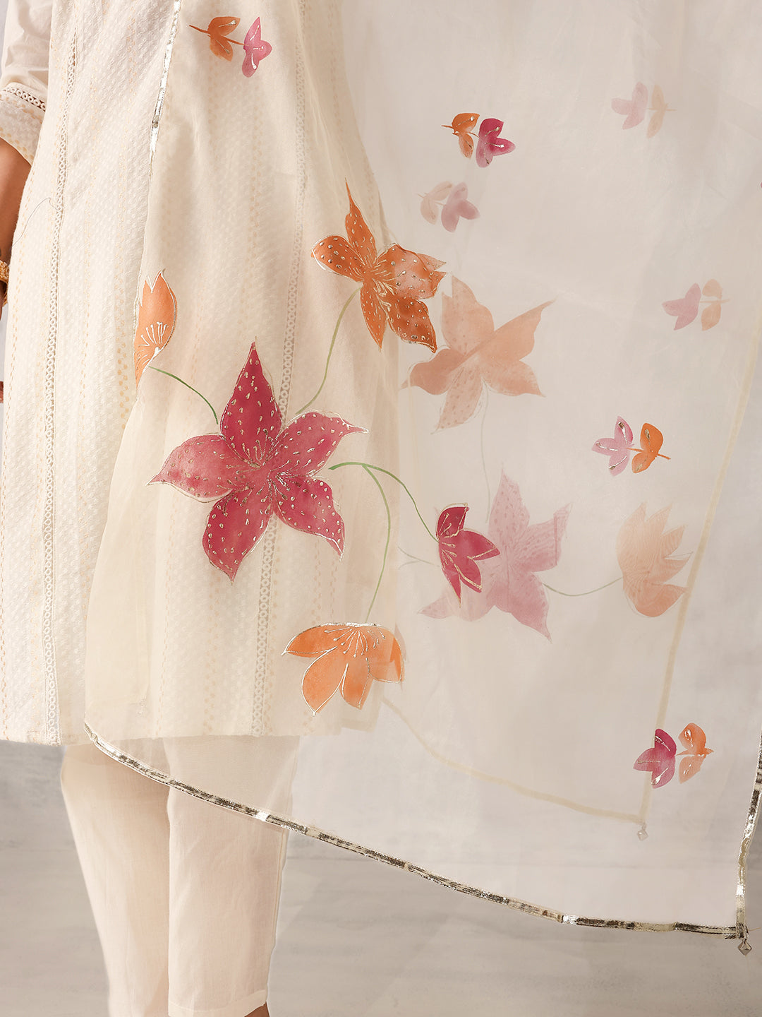Graceful Off-White Cotton Embroidered straight fit Kurta Set with Hand-Painted Dupatta