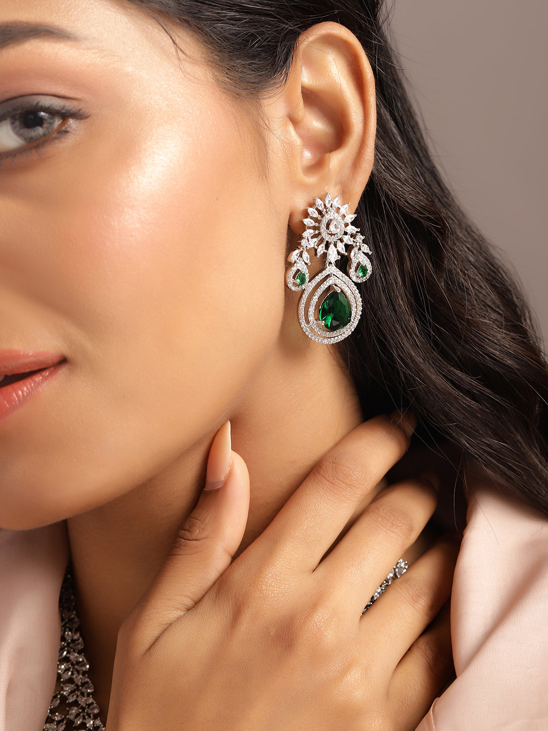 Ishin Green Colour Silver Plated American Diamond Jewellery Set