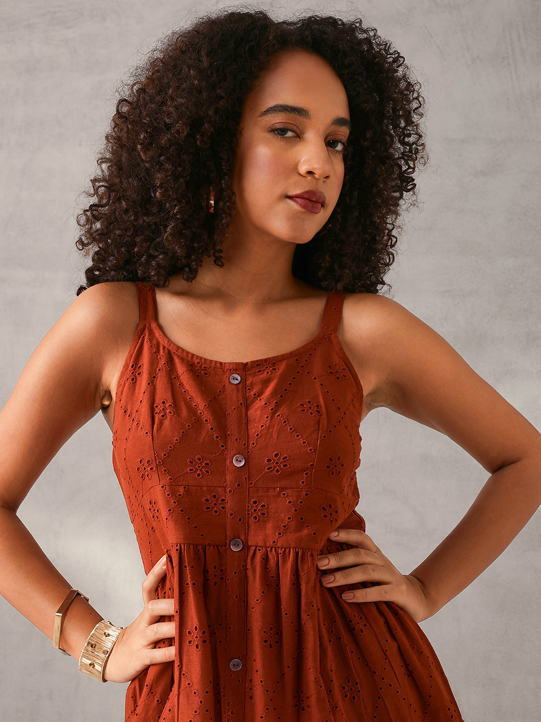 brown schiffli dress Destiny Brown Schiffli Cotton Maxi Dress with Tassel Details