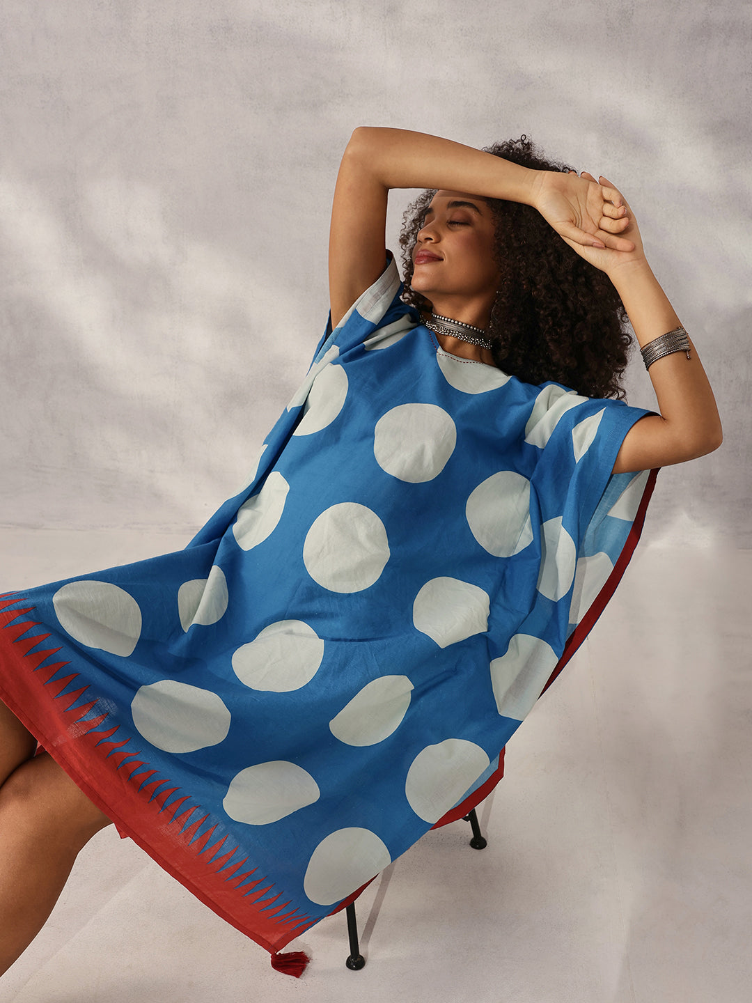 Comfy Indigo Cotton Printed Kaftan with tassels