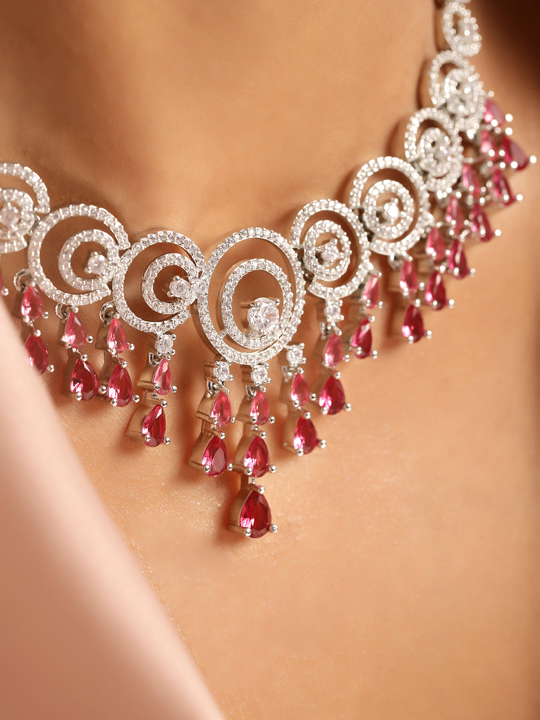 Ishin Pink Colour Silver Plated American Diamond Jewellery Set