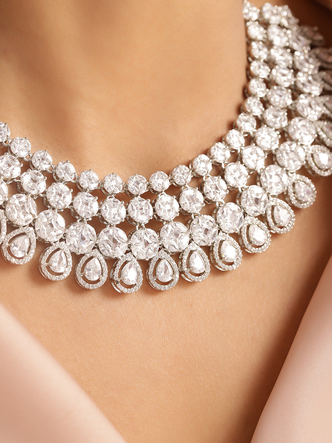 Ishin White Colour Silver Plated American Diamond Jewellery Set
