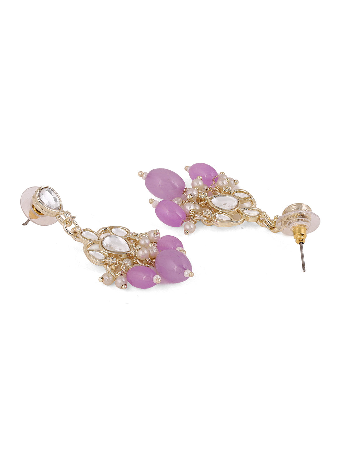 Ishin Lavender Beads Kundan Drop Push Back Gold Plated Earrings