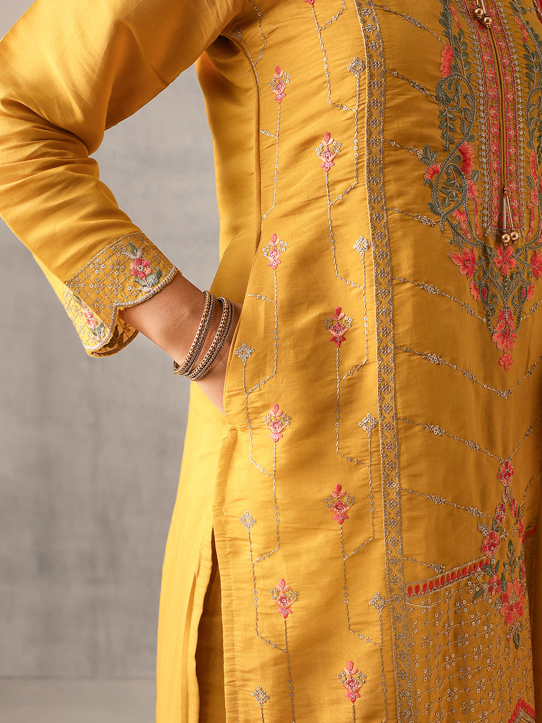 Soft Mustard Roman Silk Embroidered Straight Fit Kurta Set with Dupatta