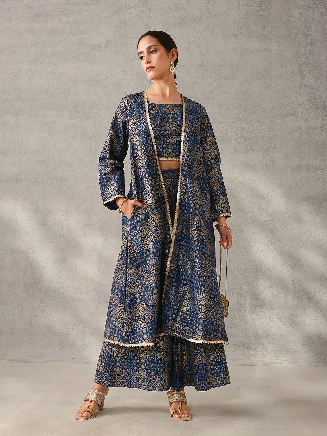 Rich Blue Chinon Foil Printed Regular Fit Co-ords with Palazzo Bottom