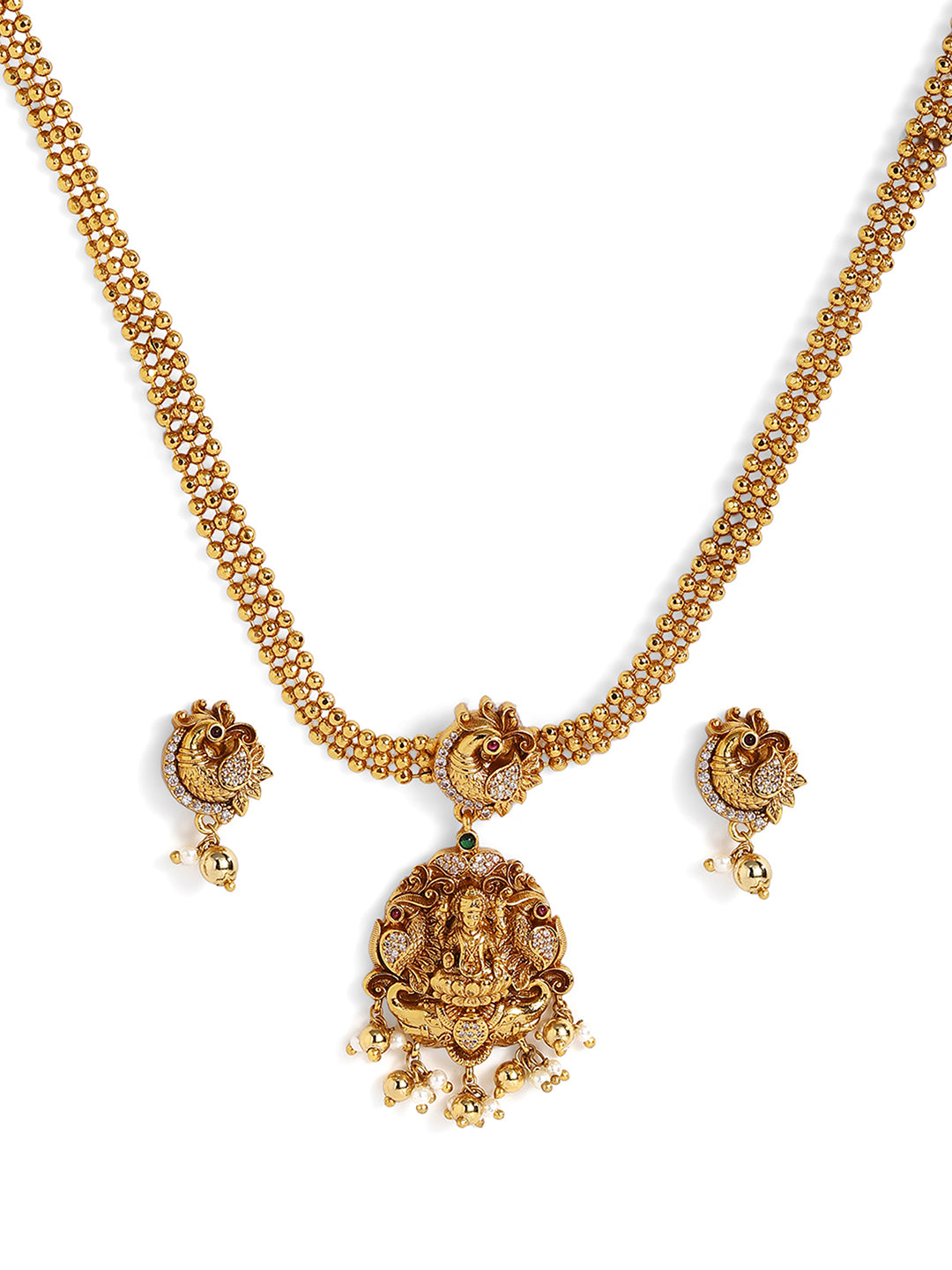 Ishin Goddess Lakshmi Pattern Gold Plated Necklace Drop Shaped Earrrings Jewellery Set