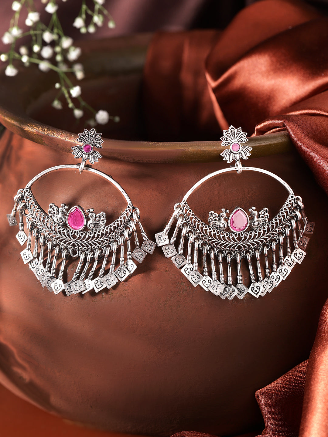 Ishin Pink Colour Silver Plated Chandbali Earring