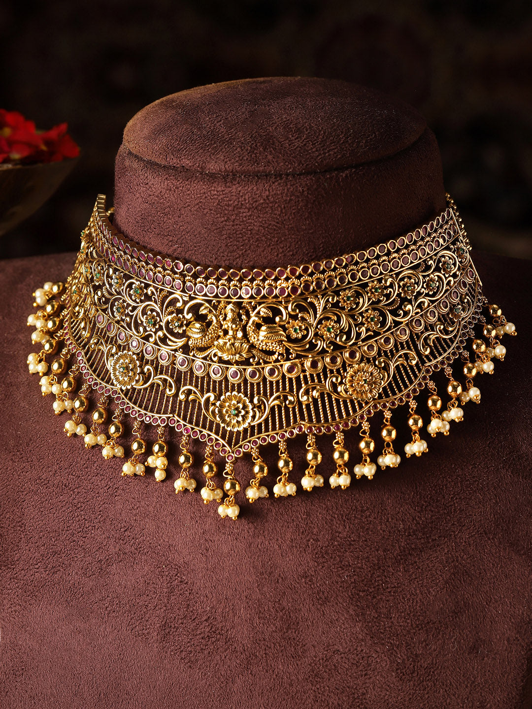 Ishin Floral Elegance Goddess Pattern Gold Plated Necklace Drop Earrings Jewellery Set