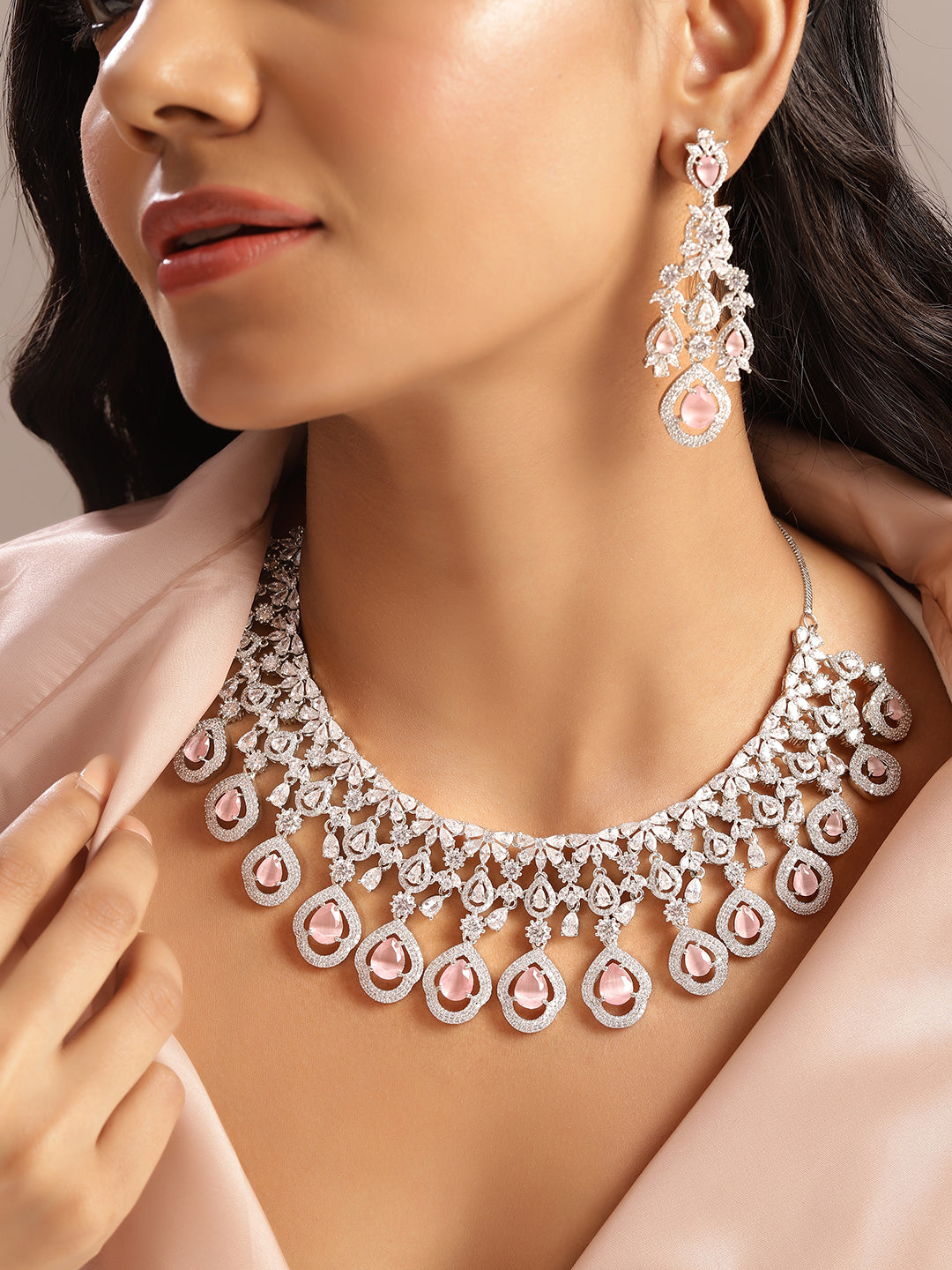 Ishin Pink Colour Silver Plated American Diamond Jewellery Set