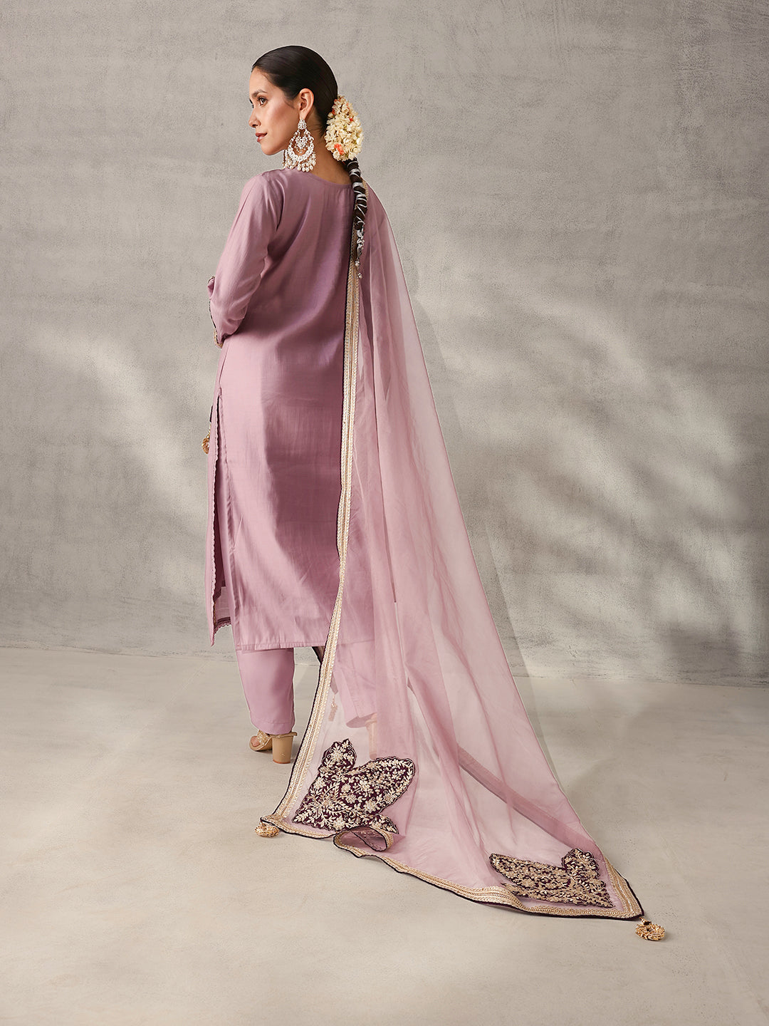 Rich Lilac Roman Silk Zari Embroidered Straight Fit Kurta Set with Dupatta