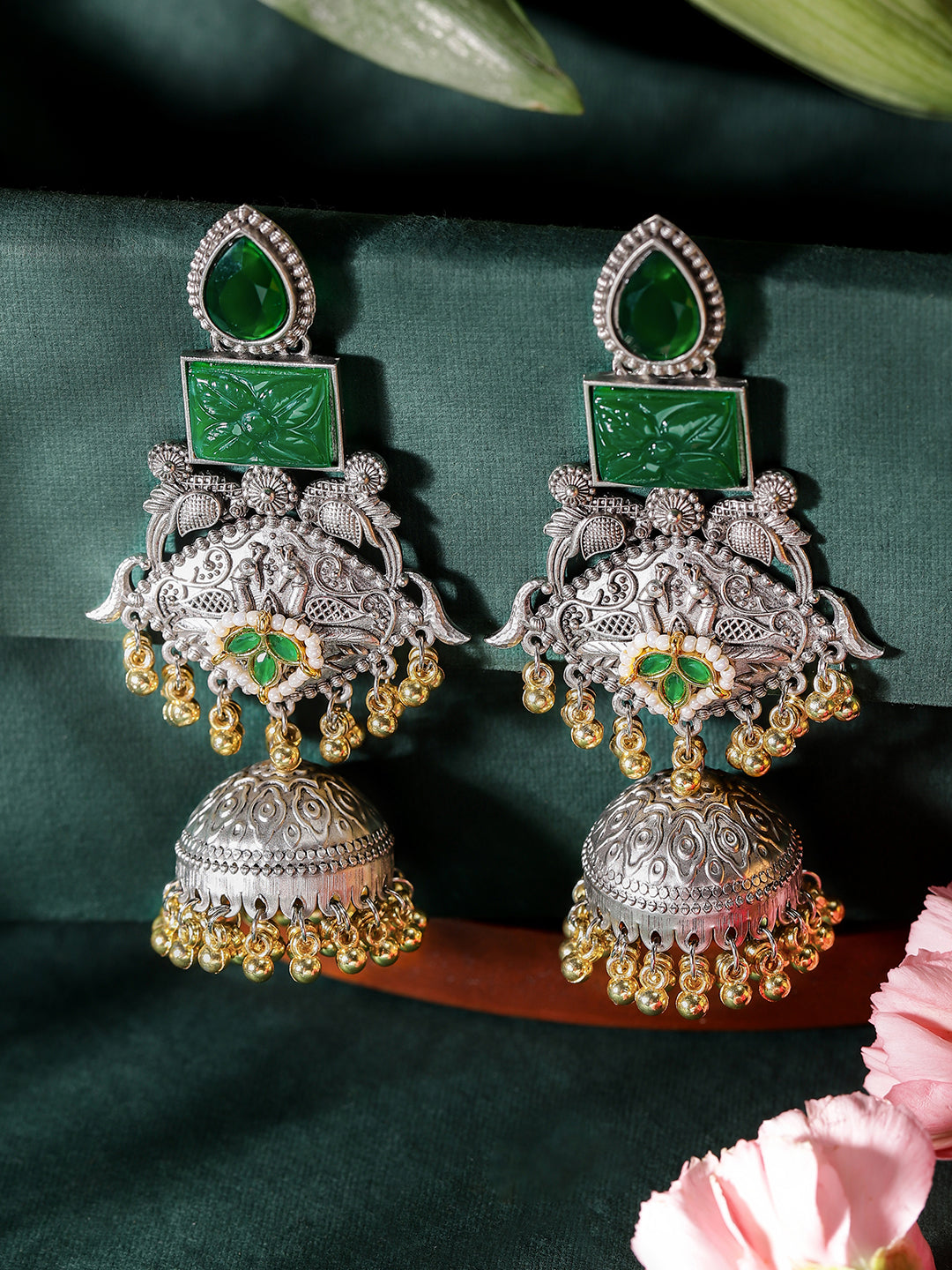 Ishin Green Colour Silver Plated Emerald Jhumka Earring