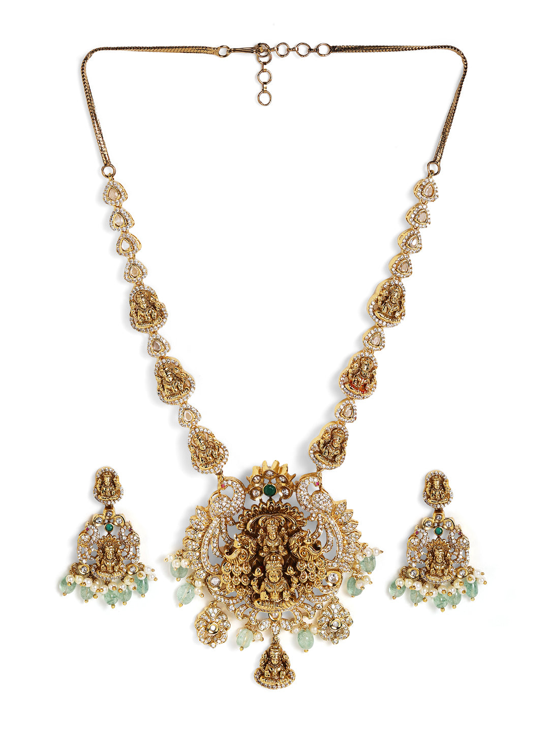 Ishin Gold Plated Goddess Elegance Pearl Haram Necklace Drop Earrings Jewellery Set