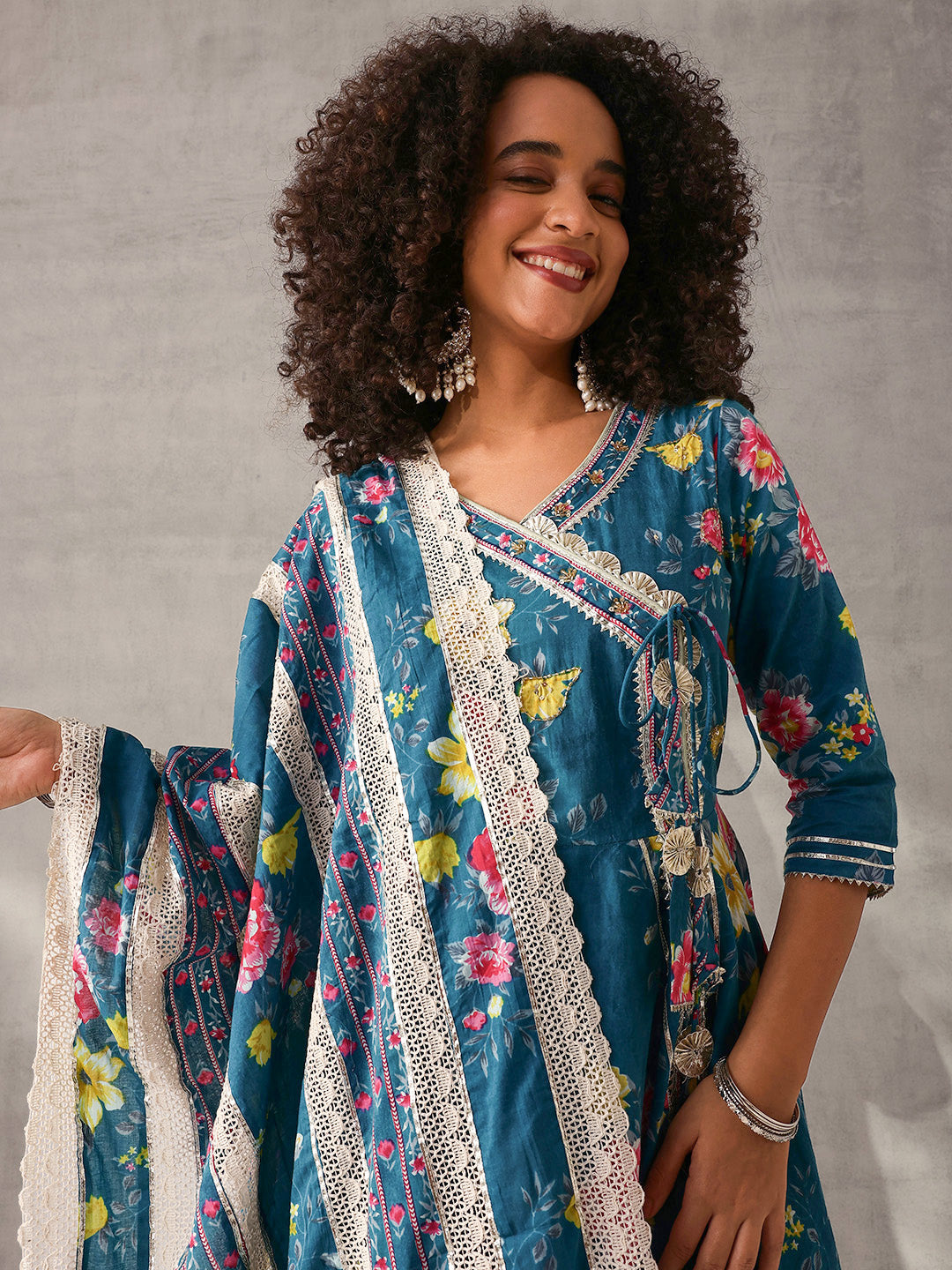 Graceful Teal Cotton Floral Printed Angrakha fit Kurta Set with Dupatta