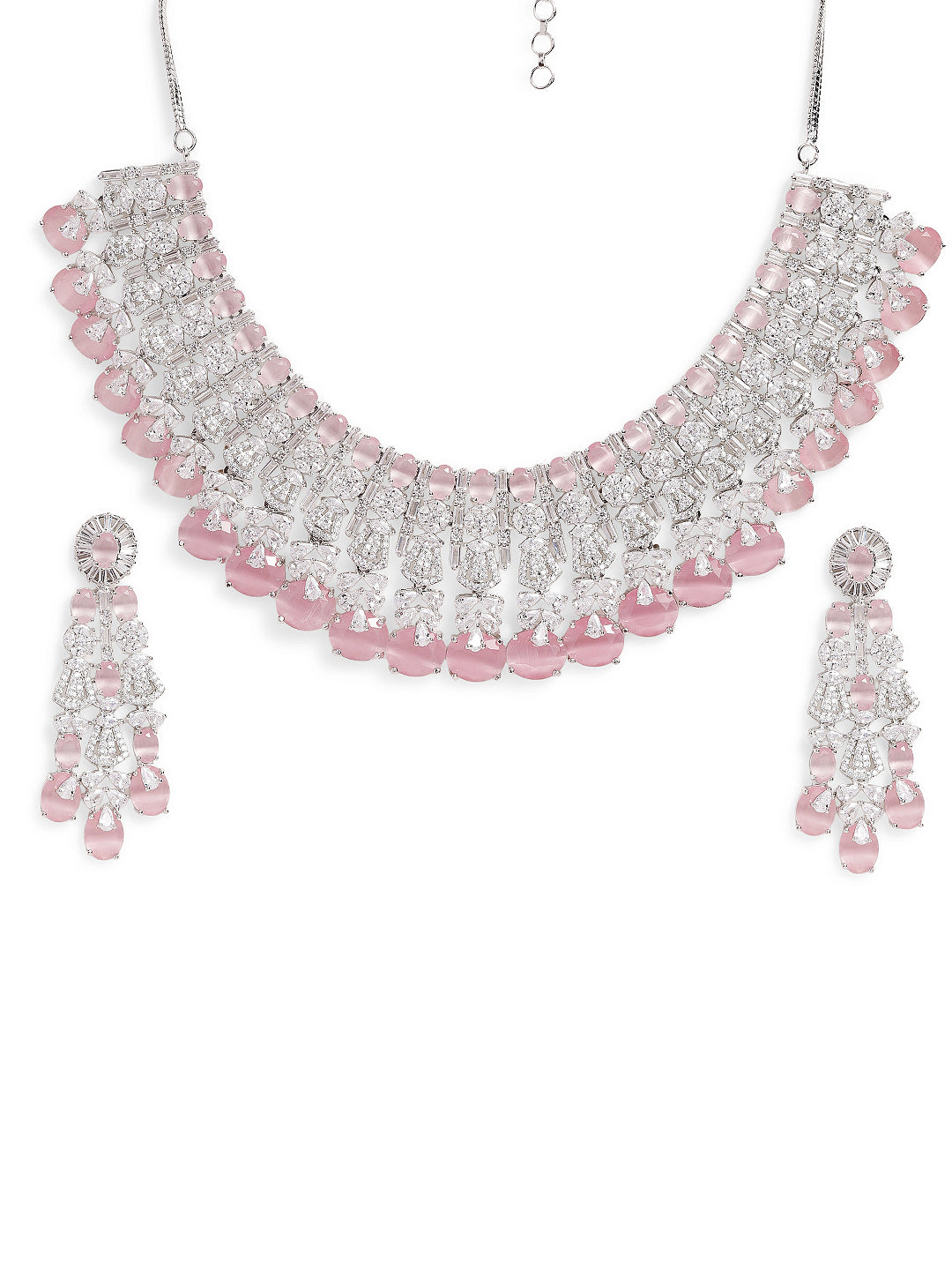 Ishin Pink Colour Silver Plated American Diamond Jewellery Set