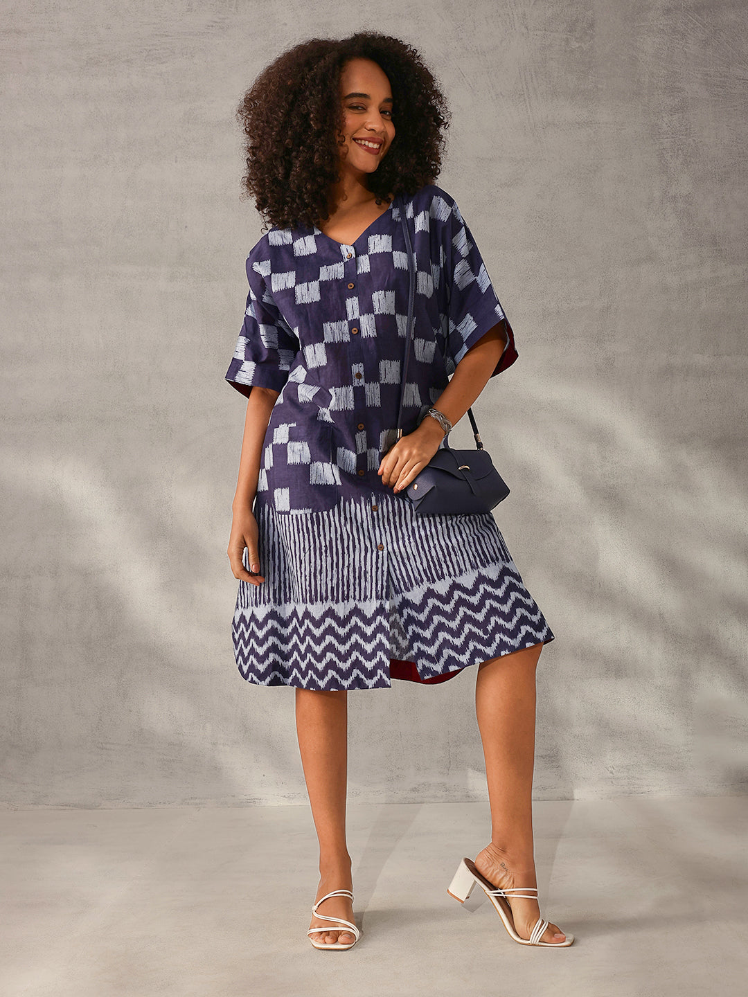 Comfy Navy Blue Cotton Printed Regular Fit Dress