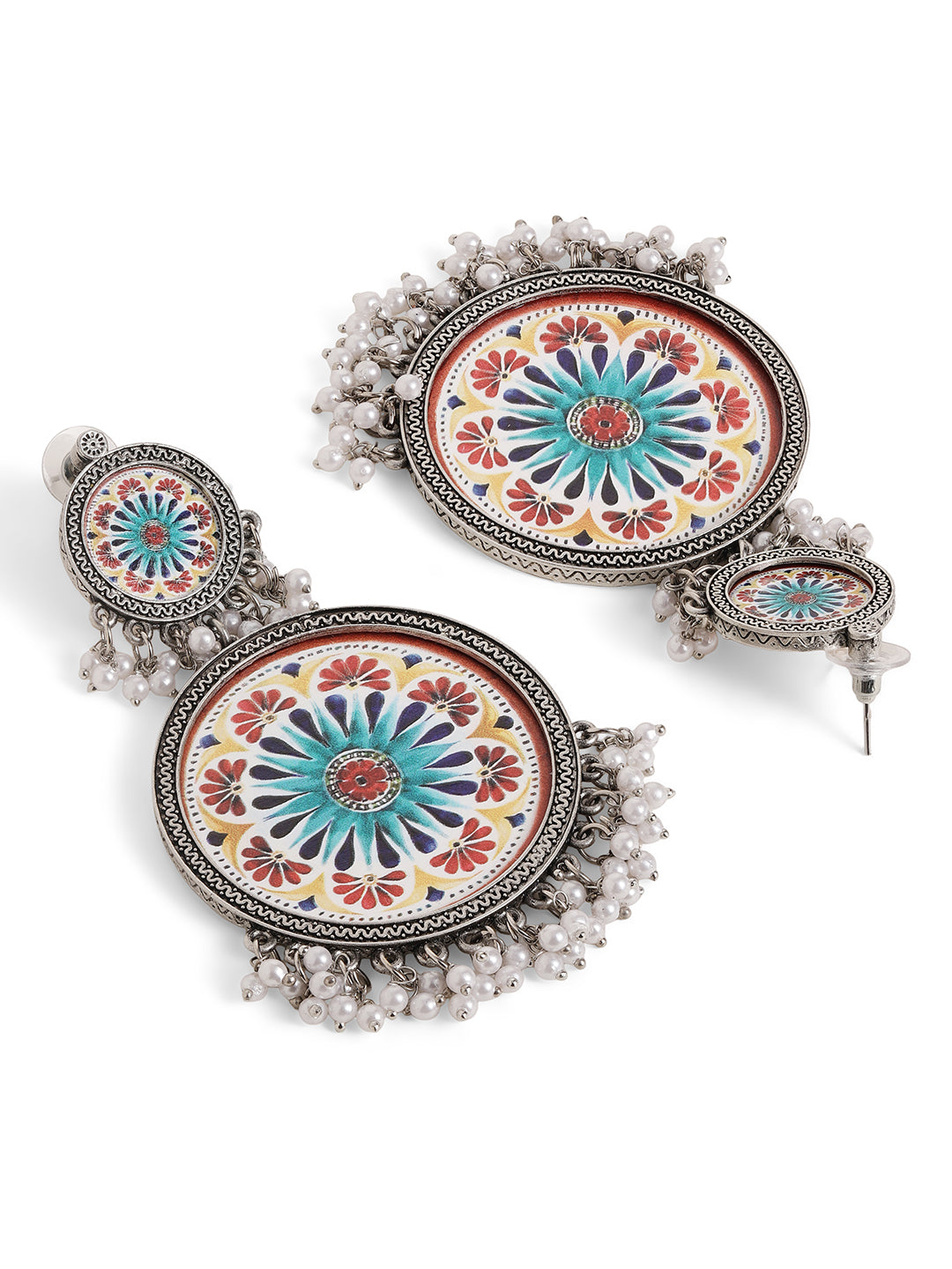 Ishin Multi Colour Silver Plated Pearl Chandbali Earring