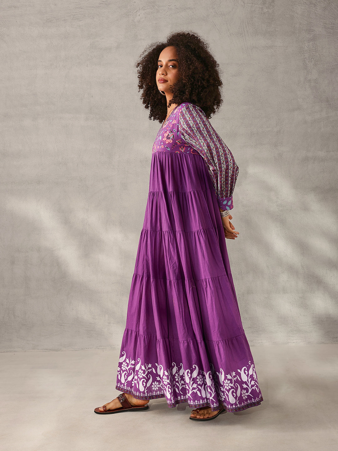 Graceful Lavender Cotton Floral Printed Tiered fit Gown 