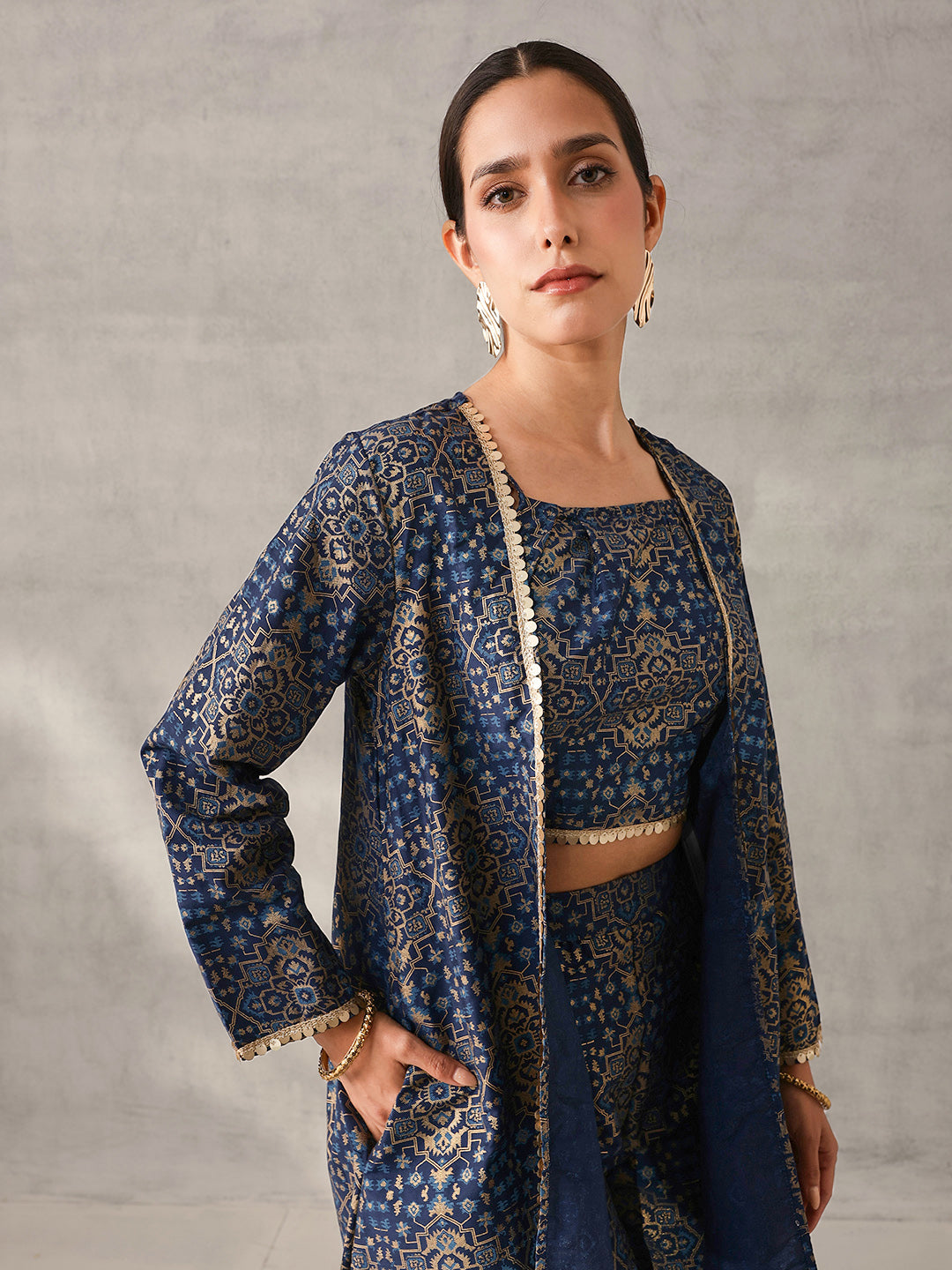 Rich Blue Chinon Foil Printed Regular Fit Co-ords with Palazzo Bottom