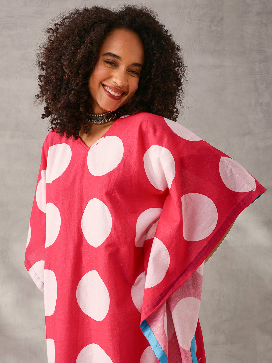 Comfy Pink Cotton Printed Kaftan with tassels
