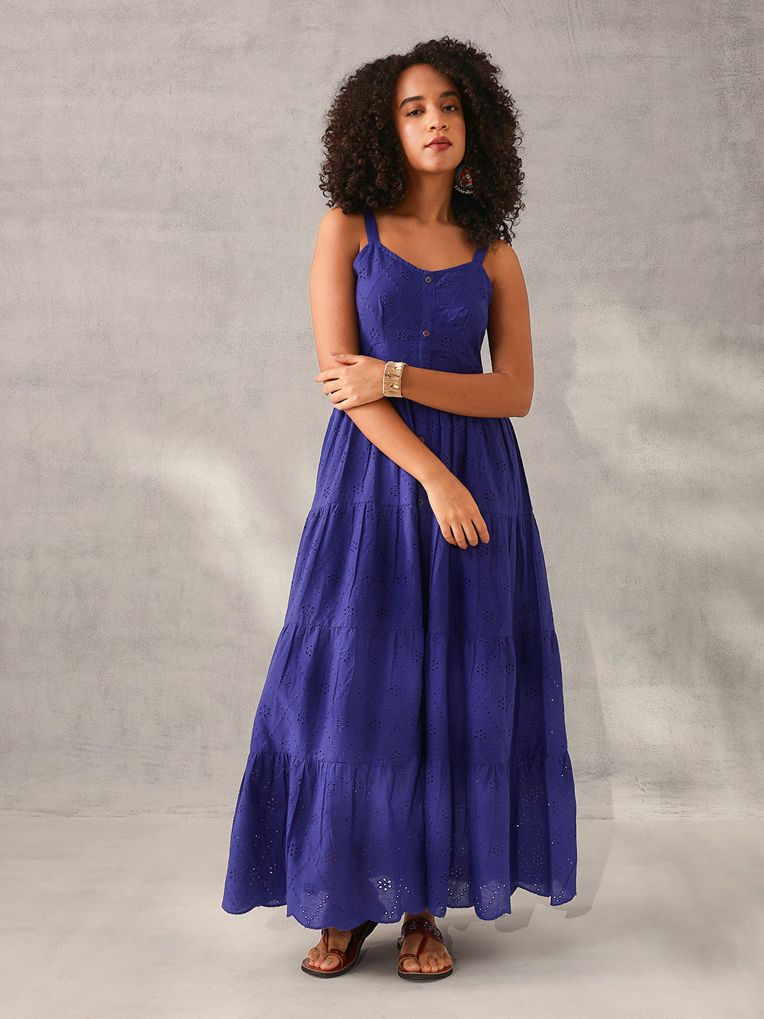 Comfy Blue Cotton Schiffli Tiered fit Dress