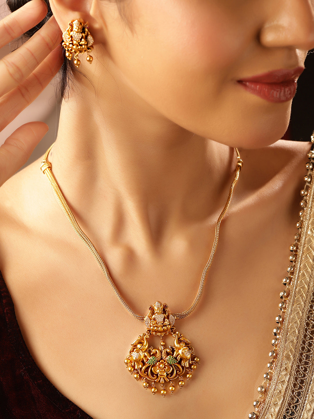 Ishin Mint Stoned Kemp Elegance Gold Plated Necklace Drop Earrings Jewellery Set