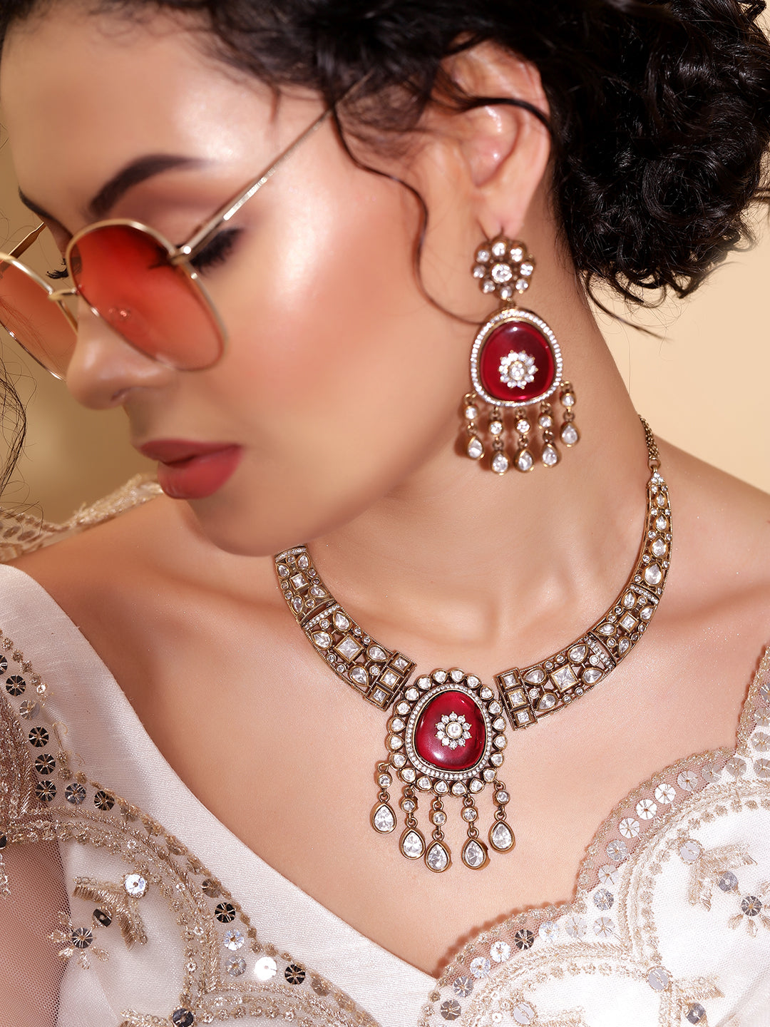 Ishin Red  Colour Gold Plated Jewellery set