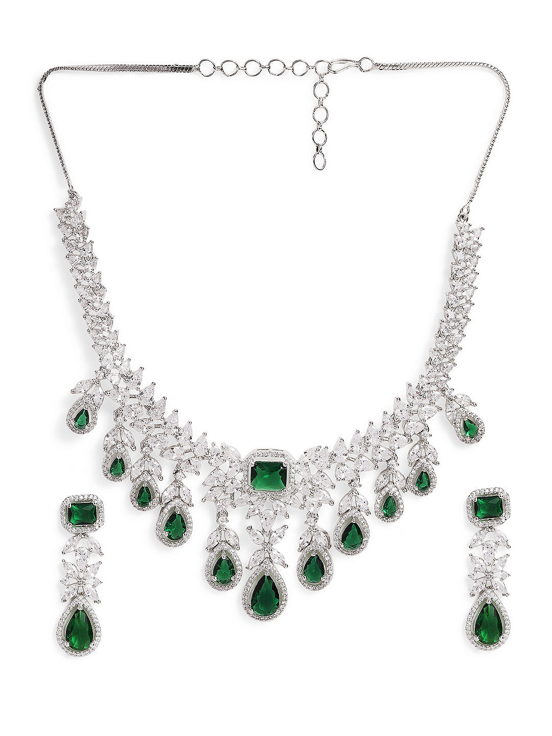 Ishin Green Colour Silver Plated American Diamond Jewellery Set