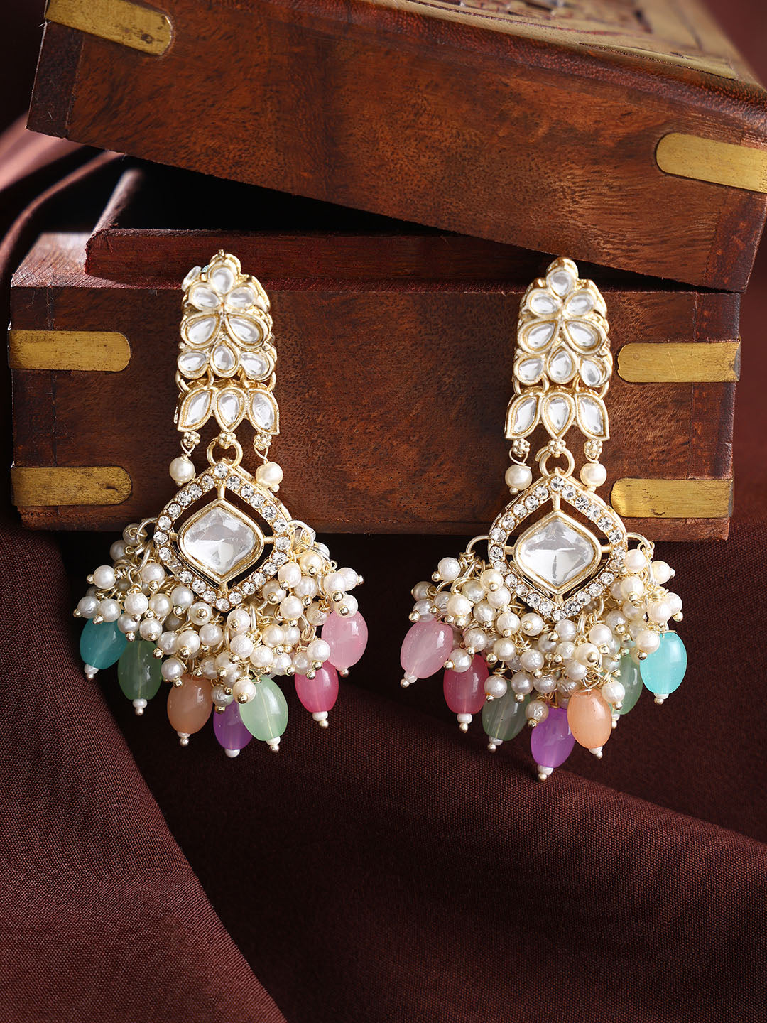 Ishin Geometric Design Multicolor Beads with Pearl Kundan Combo Drop Earrings