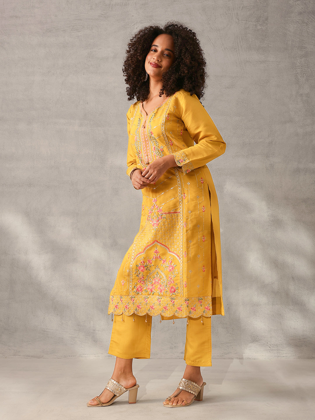 Soft Mustard Roman Silk Embroidered Straight Fit Kurta Set with Dupatta